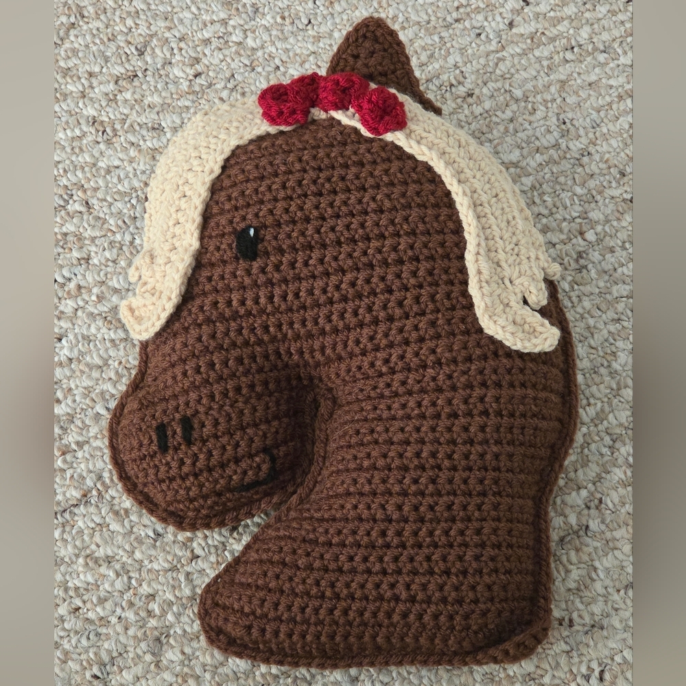 Crocheted Horse Cuddle Buddy Pillow with Red Accents